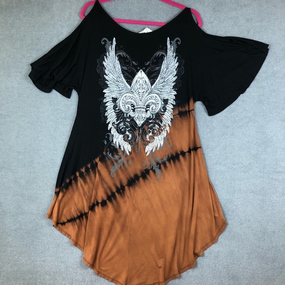 Vocal Made In Usa Rhinestone Gothic Grunge Y2k cold shoulder tunic size L - Picture 2 of 9